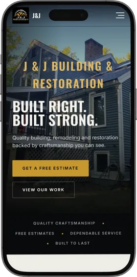 The J & J Building & Restoration website we built, on a phone