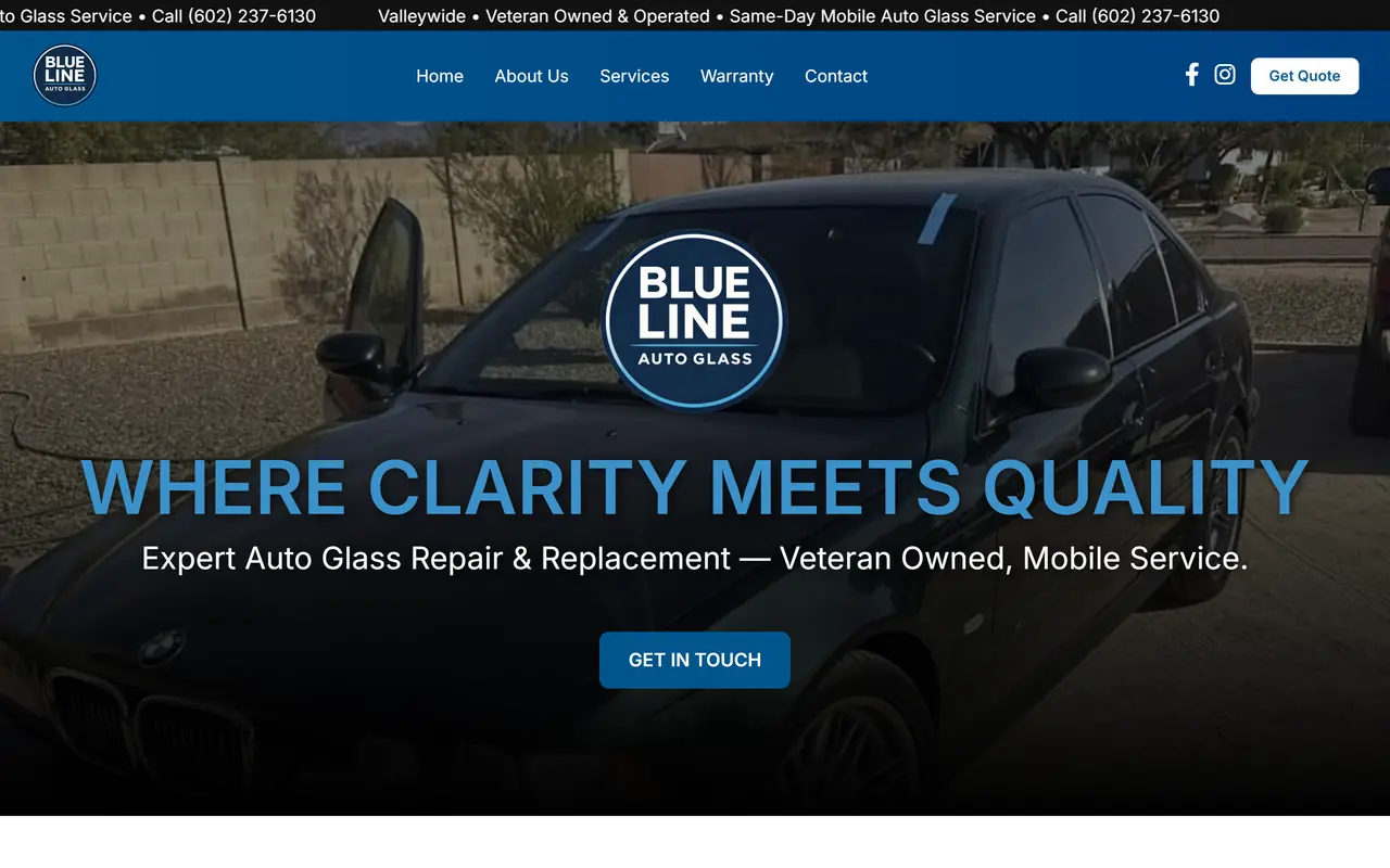 Blue Line Auto Glass website on a computer