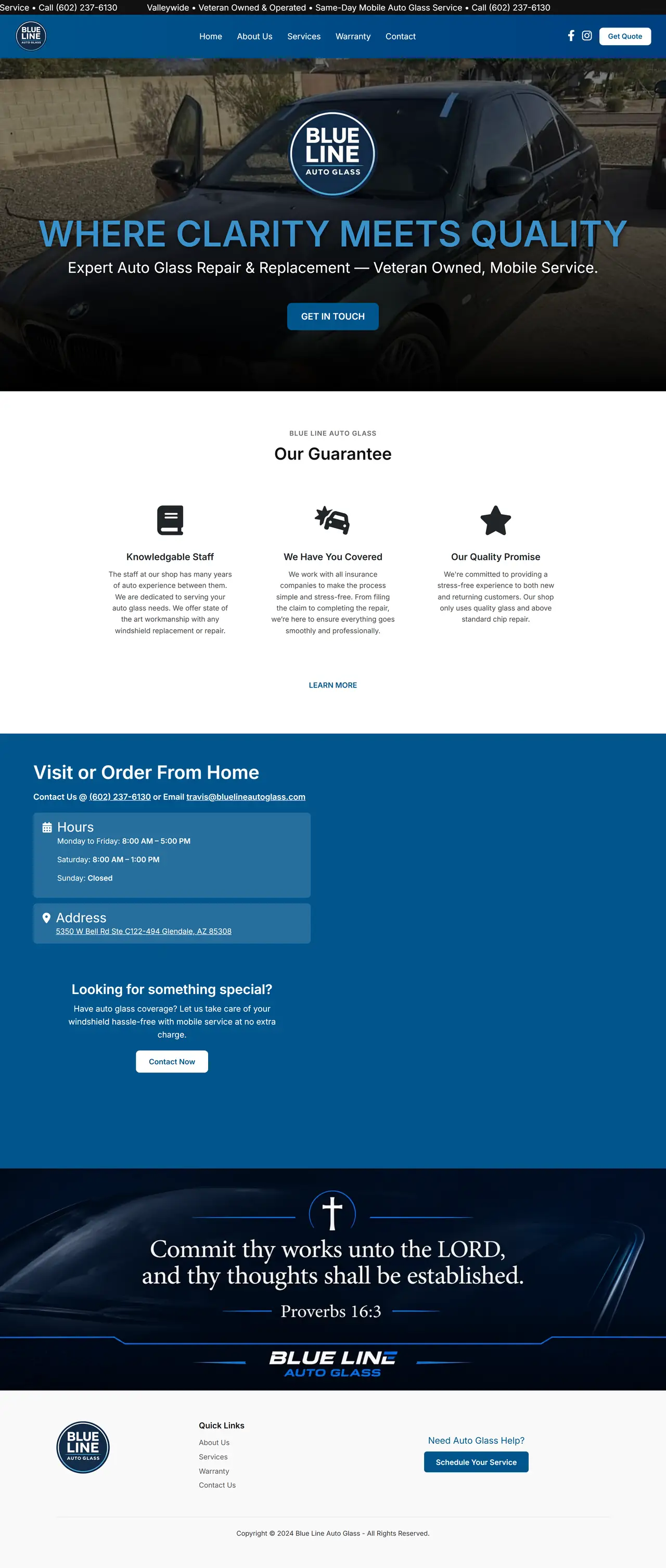 The whole Blue Line Auto Glass home page on a computer