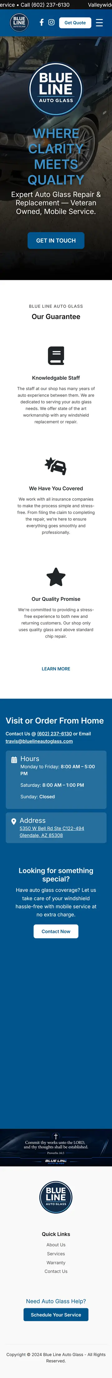 The whole Blue Line Auto Glass home page on a phone
