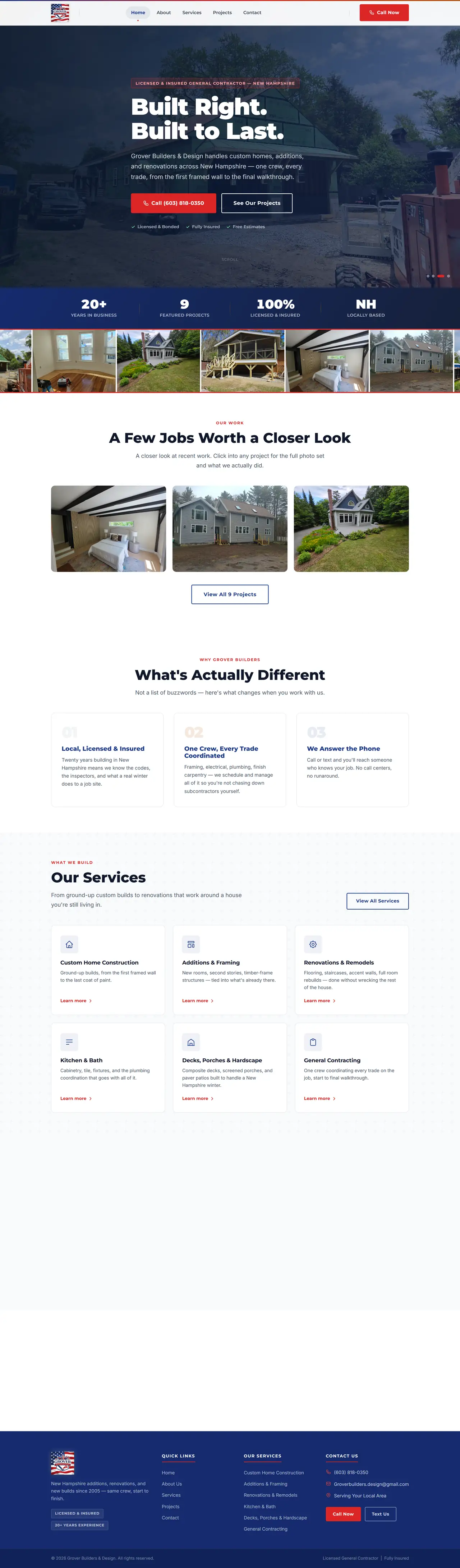 The whole Grover Builders & Design home page on a computer