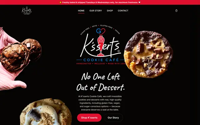 Home page of the K’sserts Cookie Café website